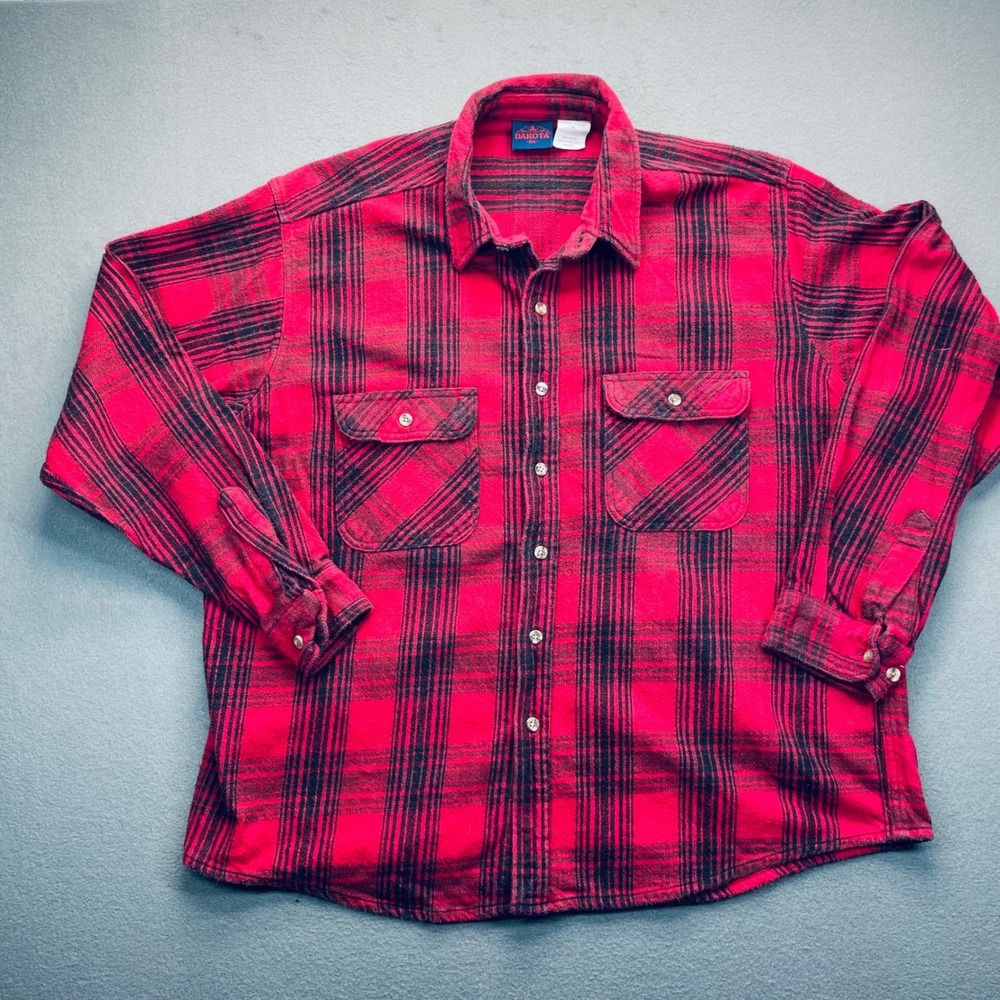 Dakota Men‎ Flannel VTG 100% Cotton 2XL Red Black Plaid H304 Rugged Workwear